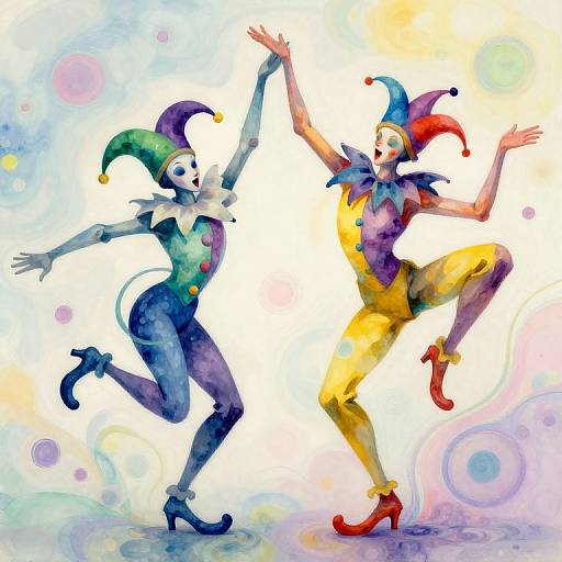 Watercolor painting of two vibrant, colorful jester characters dancing, one in blue and green, the other in yellow and red, against a whimsical