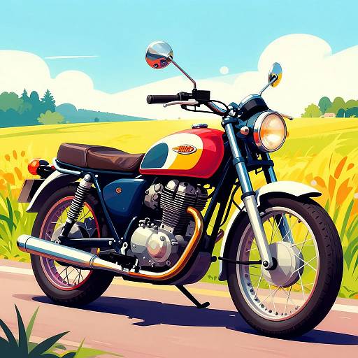 Vibrant digital illustration of a classic red and yellow motorcycle with chrome exhaust, parked on a sunny country road, surrounded by a bright yellow field and