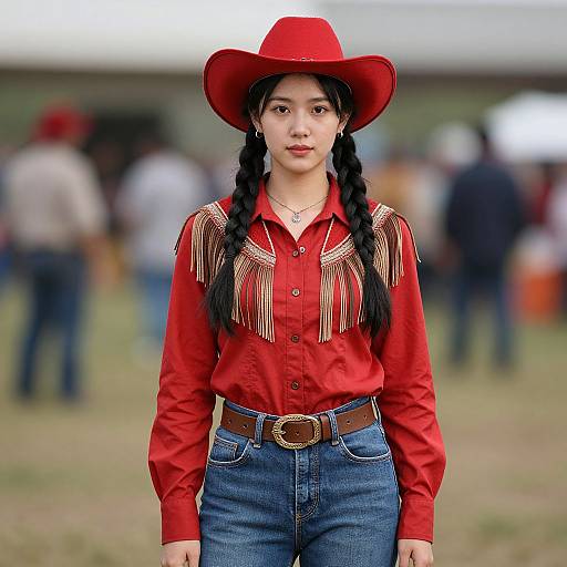 Photograph of an Asian woman with long black braids, wearing a red cowboy hat, red fringed shirt, and blue jeans, standing in a