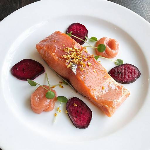 Photograph of a plate with a smoked salmon piece, garnished with beetroot slices, green pea shoots, and sprinkled orange zest.