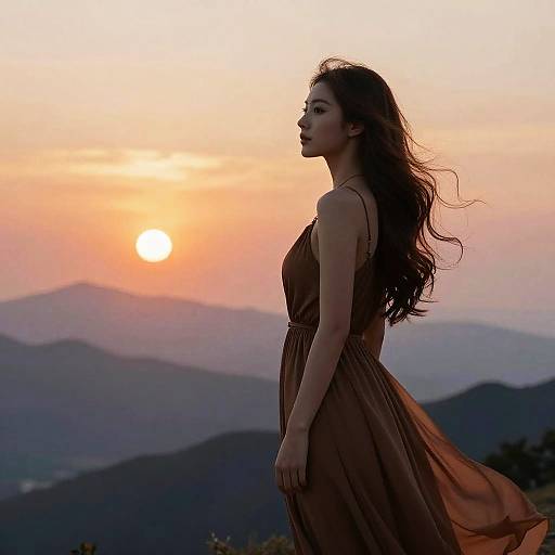 Photograph of an Asian woman with long, wavy brown hair, wearing a flowing brown dress, standing in profile against a sunset over mountainous landscape