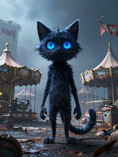 Spooky Stylized Cat in Ruined Carnival