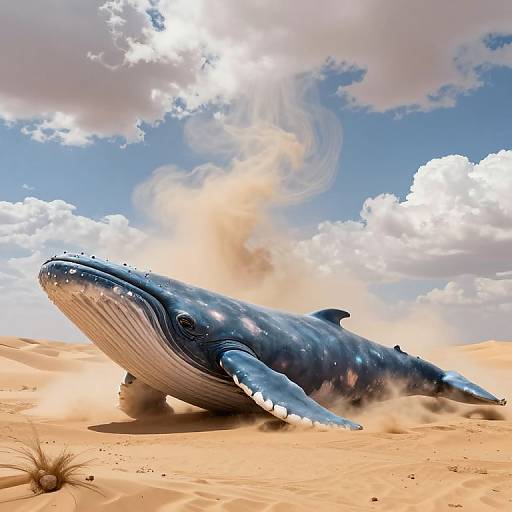 Photorealistic digital art of a large blue whale lying in a sandy desert with a bright blue sky and fluffy clouds.