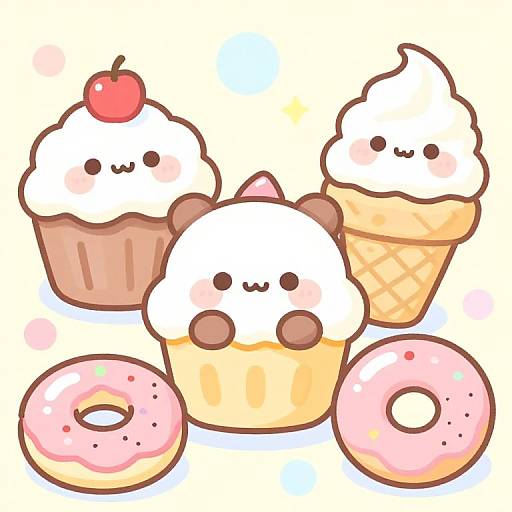 Cute digital drawing of four pastries with faces: a cherry cupcake, a swirled ice cream cone, a pink donut, and