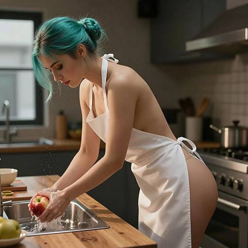Woman with Turquoise Hair Washing Apple