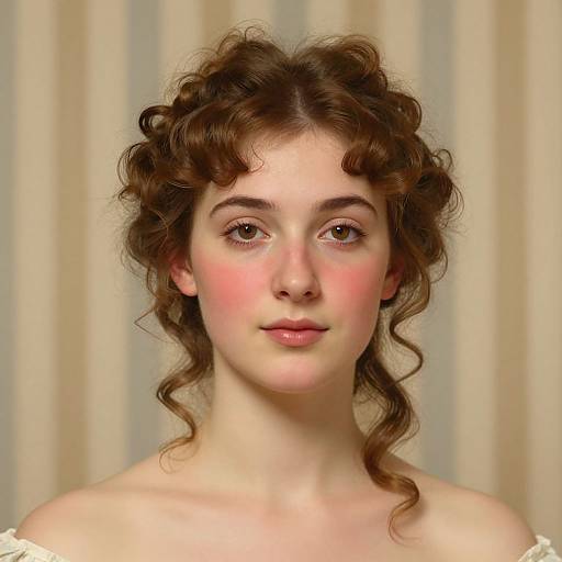 Photograph of a young woman with fair skin, brown curly hair, pink cheeks, and neutral expression, wearing an off-shoulder white top,