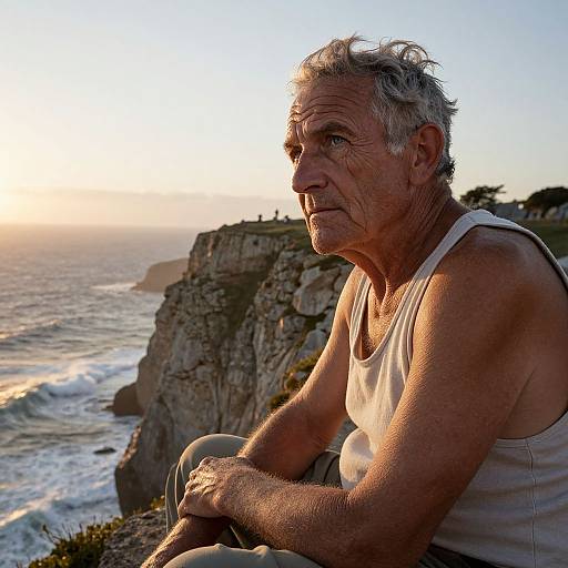 Photograph of an elderly man with gray hair and wrinkles, wearing a white tank top, sitting on a cliffside at sunset, overlooking the ocean and