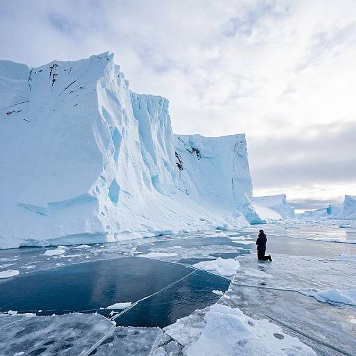 Photograph of a lone person in dark clothing standing on an icy, snow-covered landscape with towering, white glacier ice formations. Overcast sky.