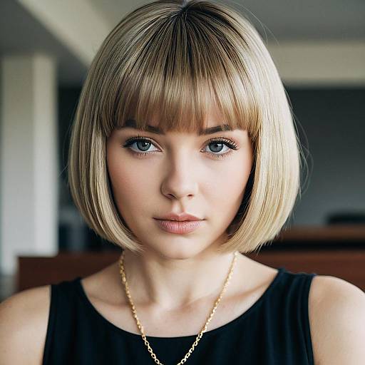 Blonde Woman with Blunt Bob Haircut and Gold Necklace