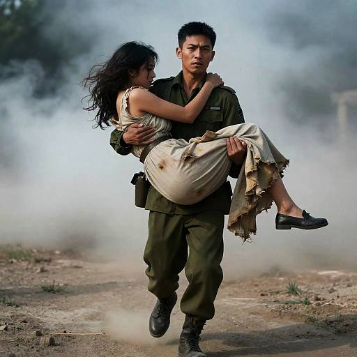 Soldier Carrying Woman Through Smoke