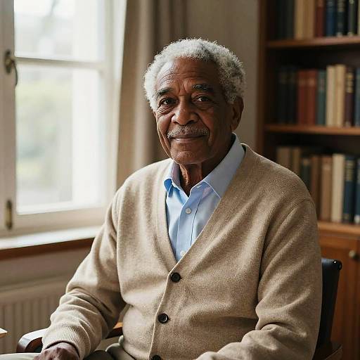 Photograph of an elderly African-American man with short gray hair, mustache, wearing a beige cardigan over a light blue shirt, sitting in a