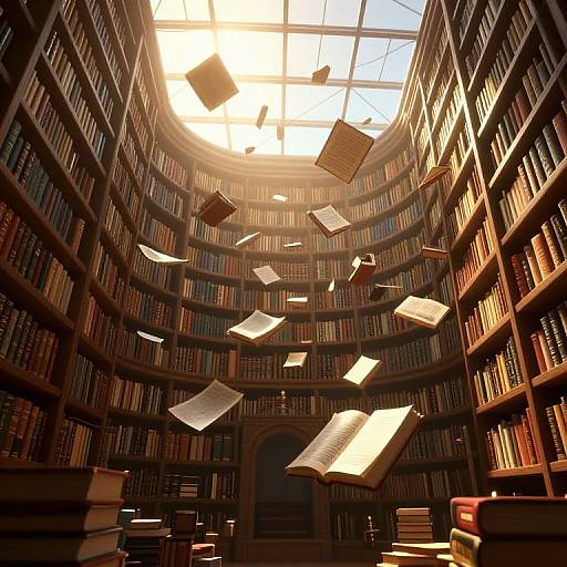 Photograph of a grand library with sunlight streaming through a skylight, books floating mid-air, and towering wooden bookshelves.