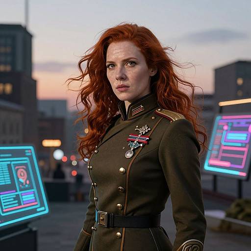 Digital artwork of a red-haired woman in a dark military uniform with medals, standing in a futuristic cityscape at sunset. Neon holographic screens glow in
