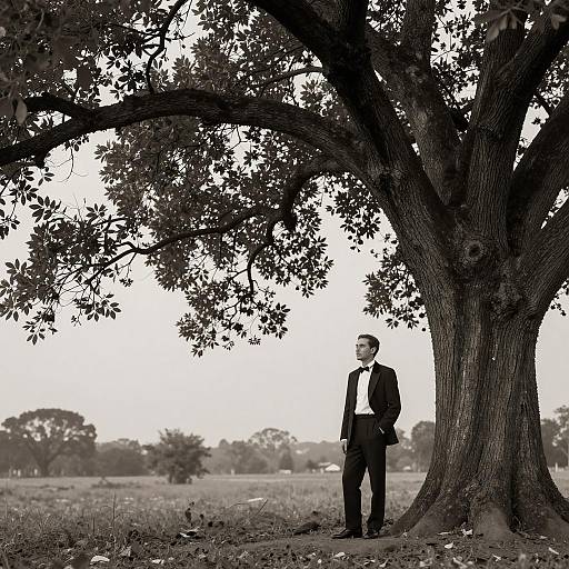 Elegantly Dressed Man Standing by Large Tree in Sepia Tone