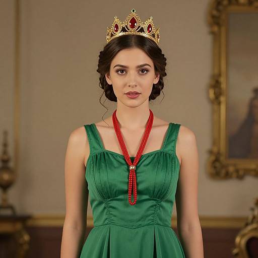 Photograph of a young woman with fair skin, dark brown hair in an updo, wearing a green dress, gold crown, and red bead necklace