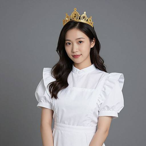 Photograph of an Asian woman with long black hair, wearing a white dress and gold tiara, smiling against a plain gray background.