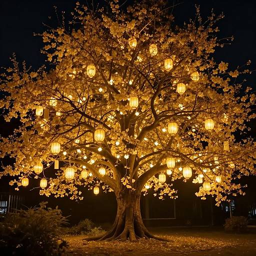 Photograph of a tree at night, illuminated by numerous glowing yellow lanterns, casting a warm, enchanting light against a dark background.