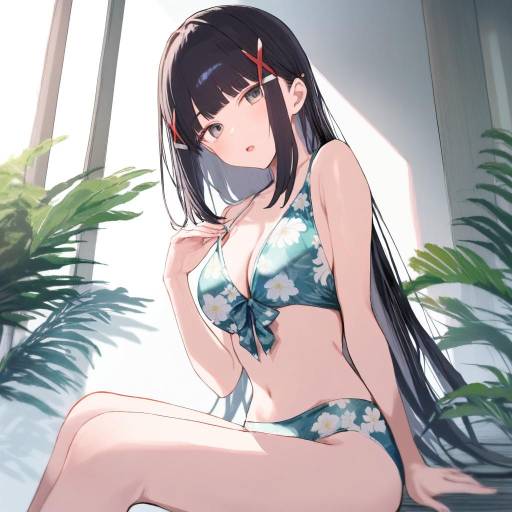 Solo Girl in Floral Swimsuit Pose