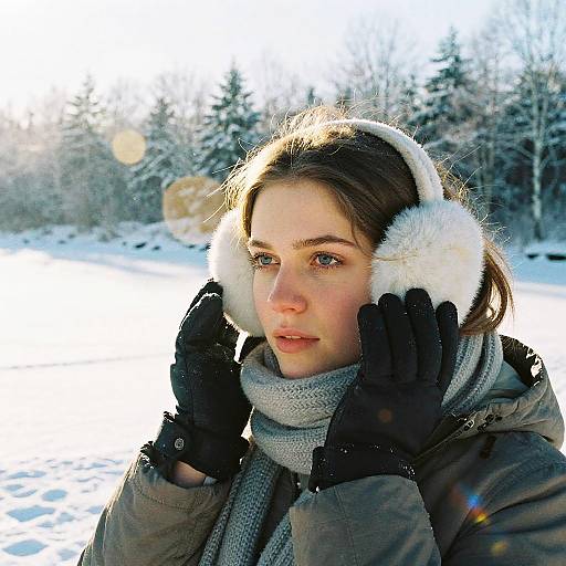 Young Woman Wearing Earmuffs in Snowy Winter Landscape