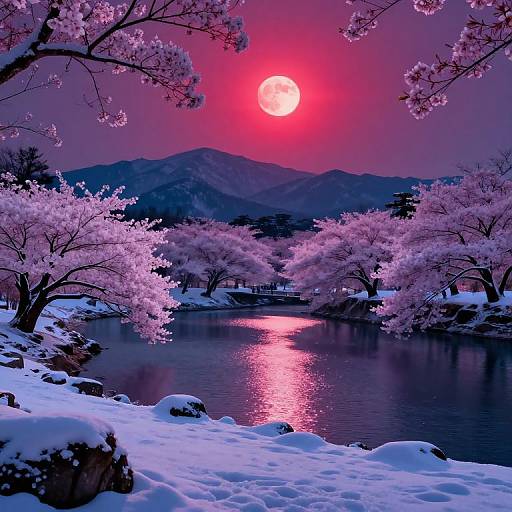 Photograph of a snowy landscape with pink-tinged cherry blossom trees, a reflective river, and a bright pink-red sun over mountains.