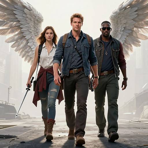 Photograph of three action-ready characters: a woman with wings, brown hair, white blouse, and jeans, flanked by two men with wings,