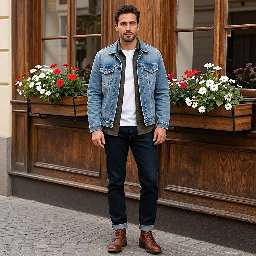 Photograph of a handsome, bearded man with dark hair, wearing a blue denim jacket, white t-shirt, black pants, and brown boots,