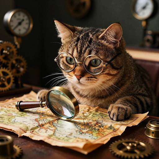 Cat Wearing Glasses Studying Treasure Map
