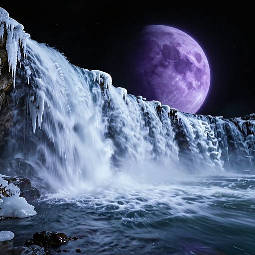 Photograph of a glowing, icy waterfall under a large, purple full moon in a dark, starless night sky with jagged icicles.
