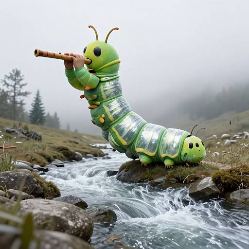 Photorealistic CGI of a green, segmented, cartoon caterpillar with antennae, wearing a transparent plastic suit, playing a flute by a rushing stream