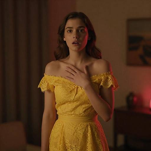 Cinematic Surprise: Woman in Yellow Lace