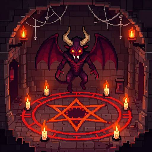 Pixel art of a demonic figure with horns, red wings, and glowing eyes standing over a red pentagram, surrounded by lit candles in a dark stone