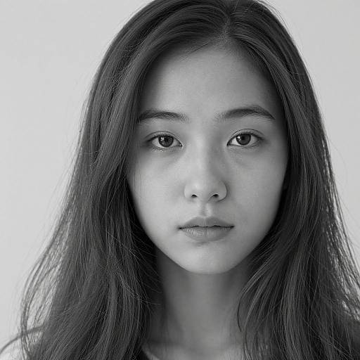 Black-and-white photograph of an Asian woman with long, straight hair, neutral expression, and soft light highlighting her delicate features.