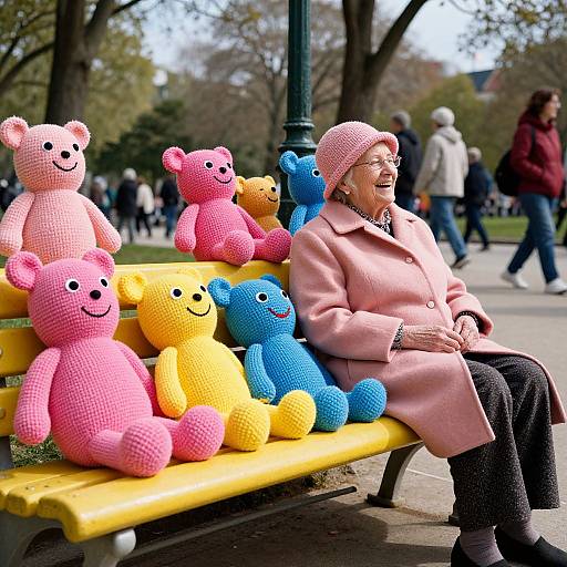 Photograph of elderly woman in pink coat and hat, sitting on yellow bench with colorful knitted teddy bears, in park.
