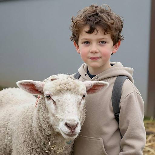 Young Boy with Sheep Outdoors
