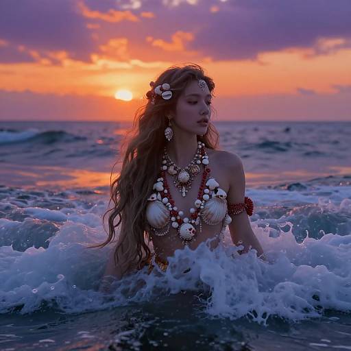 Photograph of a beautiful, long-haired woman in a seashell bikini, adorned with jewelry, standing in ocean waves at sunset, with vibrant orange