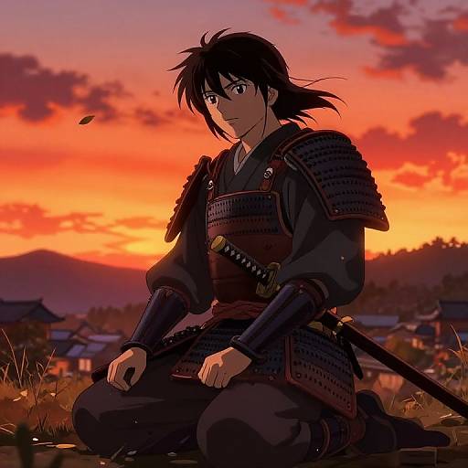 Anime-style drawing of a samurai kneeling in grass at sunset, wearing black armor, holding a sword, with a village and mountains in the background.