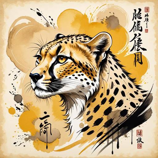 Majestic Cheetah in Ink Wash Art
