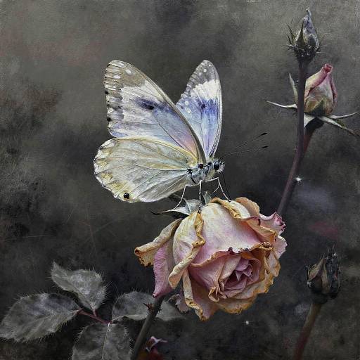 Charcoal Butterfly on Wilted Rose
