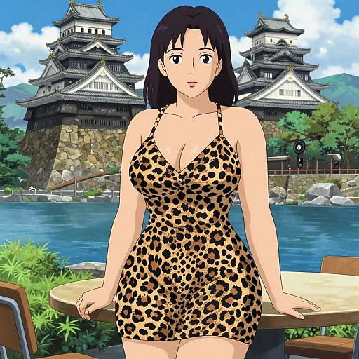 Anime-style digital drawing of a woman with black hair in a leopard print dress, standing by a table in front of two traditional Japanese castle towers. Blue