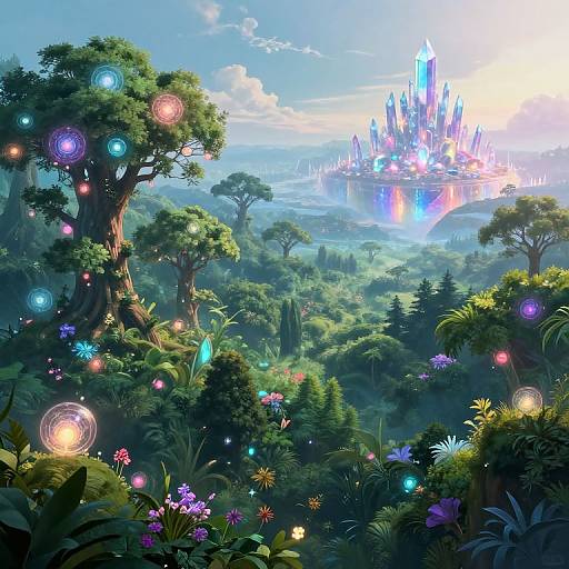 Digital fantasy landscape: Vibrant forest with glowing orbs, colorful flowers, towering trees, and a magical, sparkling castle in the distance.
