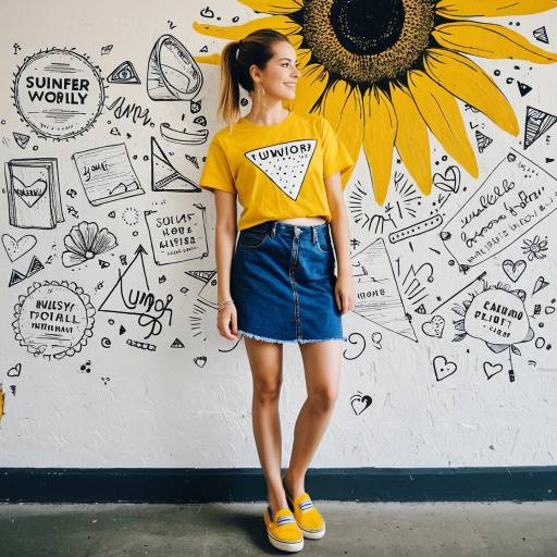 Young Woman in Yellow T-shirt and Denim Skirt by Sunflower Mural