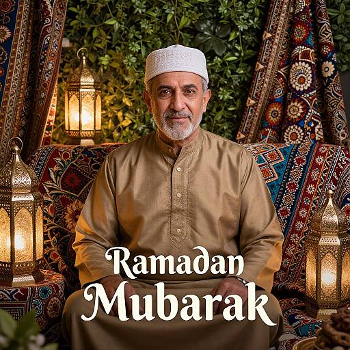 Photograph of an elderly Middle Eastern man with a white cap and beige traditional garment, seated on a patterned couch, surrounded by lanterns and rich