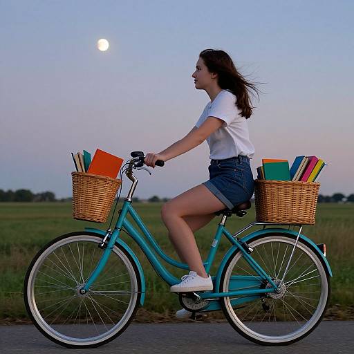 Photograph of a young woman with long brown hair riding a turquoise bicycle at dusk, wearing a white tee and denim shorts, with wicker baskets filled
