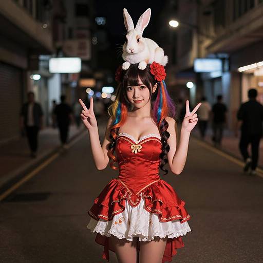 Photograph of an Asian woman with long, multicolored hair, wearing a red and white bunny-themed costume, double peace signs, bunny ears,