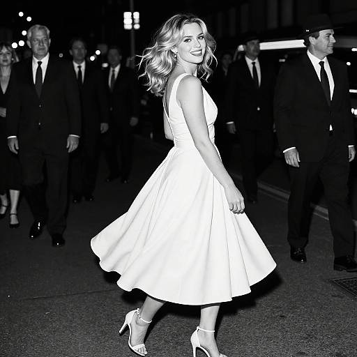 Black-and-white photograph of a smiling woman in a white, sleeveless, knee-length dress and high heels, surrounded by suited men, outdoors at night