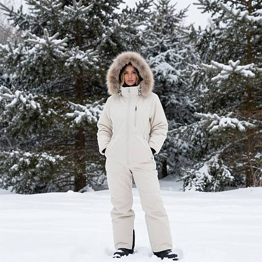 Photograph of a person in a white parka with a furry hood standing in snowy forest, surrounded by snow-covered pine trees.