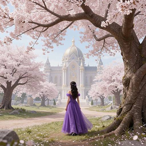 Digital art: A woman in a purple ball gown stands before a grand, white-domed building, surrounded by blooming cherry trees.