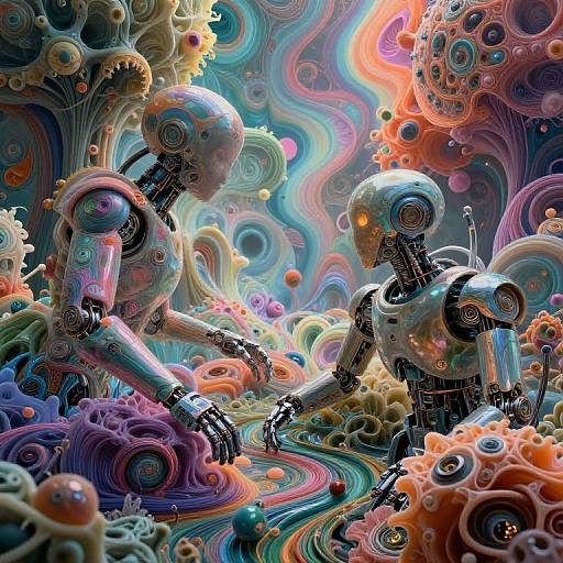 Digital art: Two metallic, humanoid robots with reflective surfaces interact in a vibrant, swirling, abstract landscape of colorful, organic forms and gears.