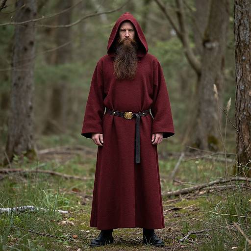Photograph of a bearded man in a deep red hooded robe with black belt and gold buckle, standing in a forest.