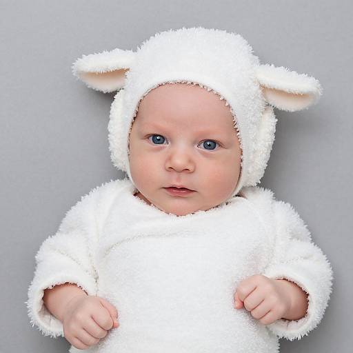 Photograph of a baby with blue eyes wearing a fluffy white animal-themed onesie with ears, against a plain light gray background.